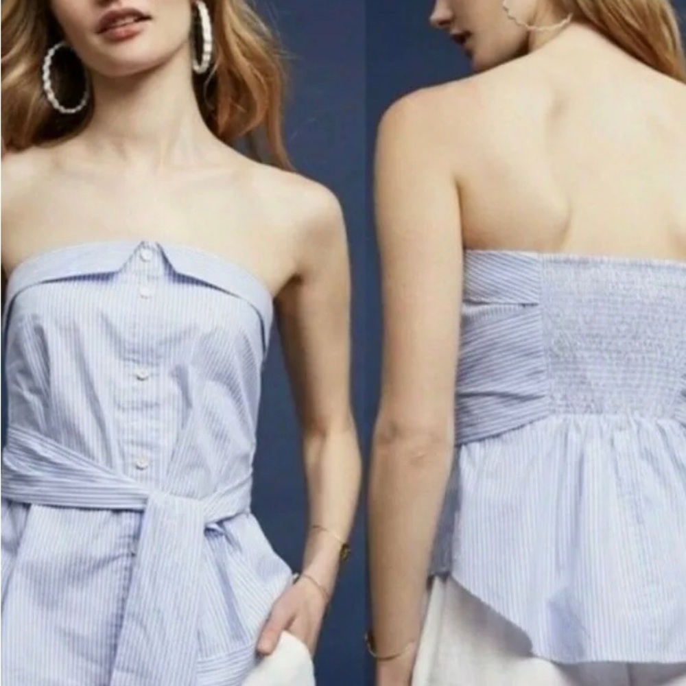 Anthropologie Maeve Alana Strapless Faux-Wrap Striped Top - Menswear-inspired